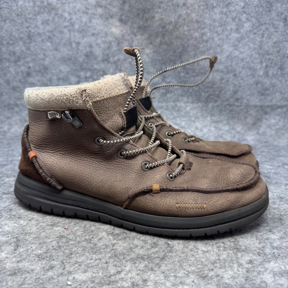 Hey Dude Mens 11 Bradley Boot Leather Brown Wool Lining Moc Toe Chukka Boots
